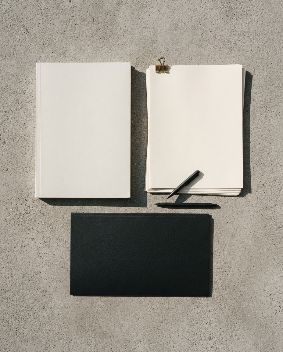 Relatório encadernado, documentos em papel off-white e pasta preta sobre superfície de concreto.