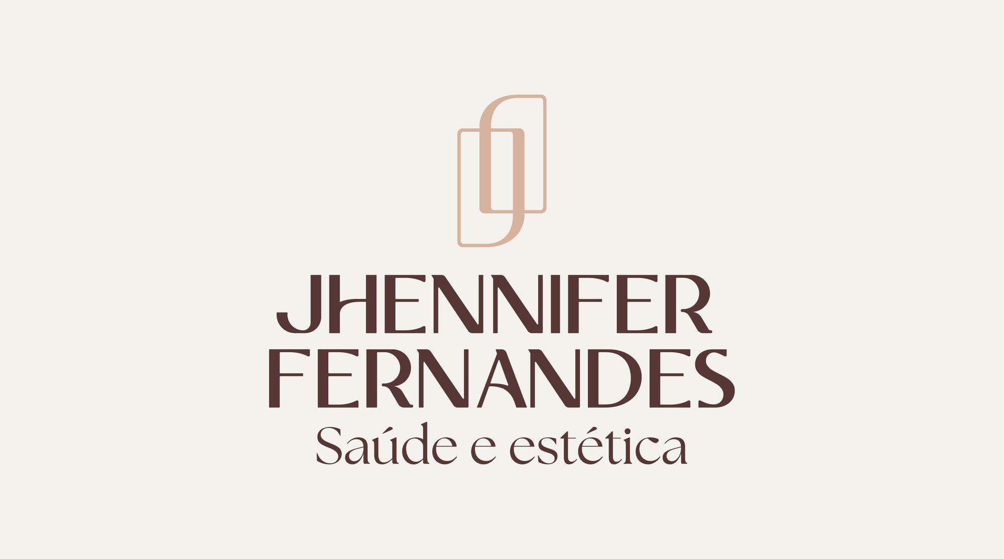 Logotipo Jhennifer Fernandes, saúde e estética, com monograma JF, sobre fundo creme.