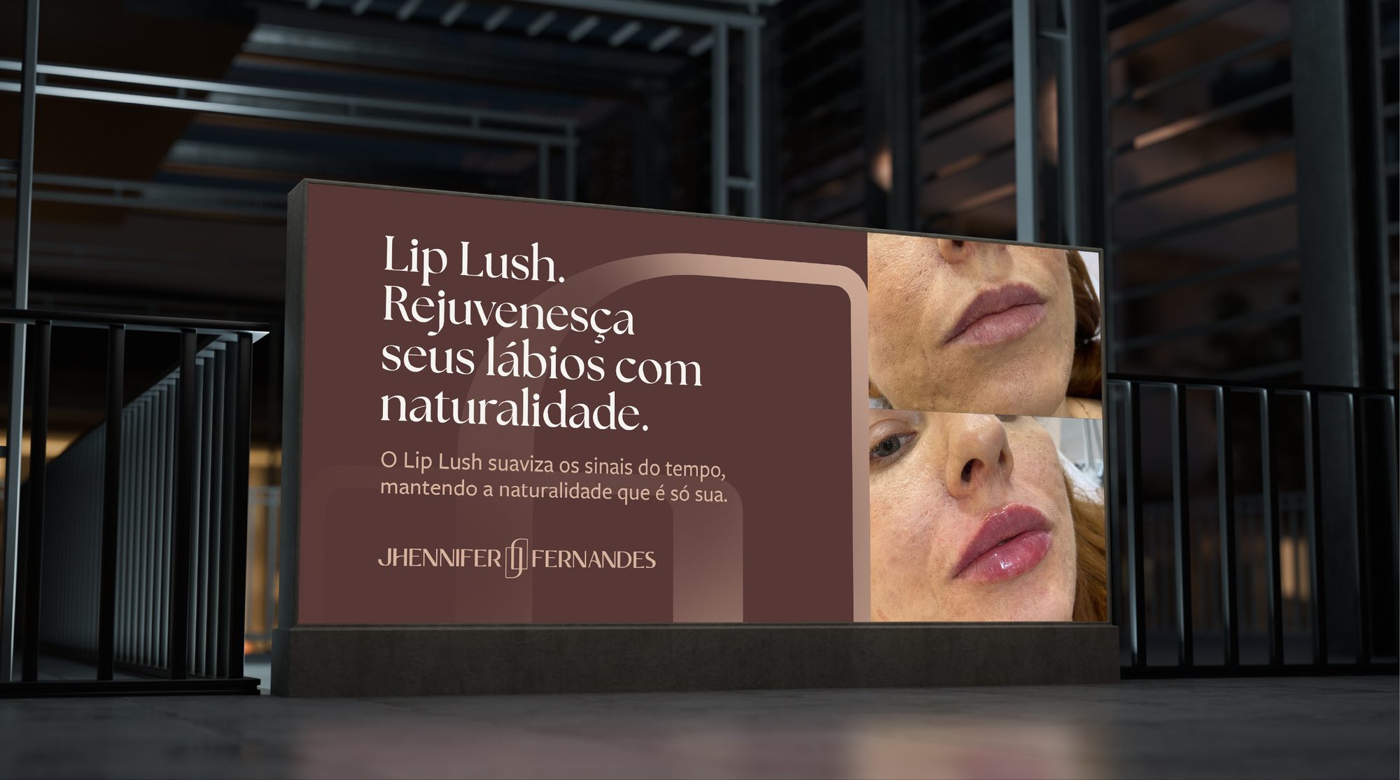 Painel digital com anúncio de tratamento labial.