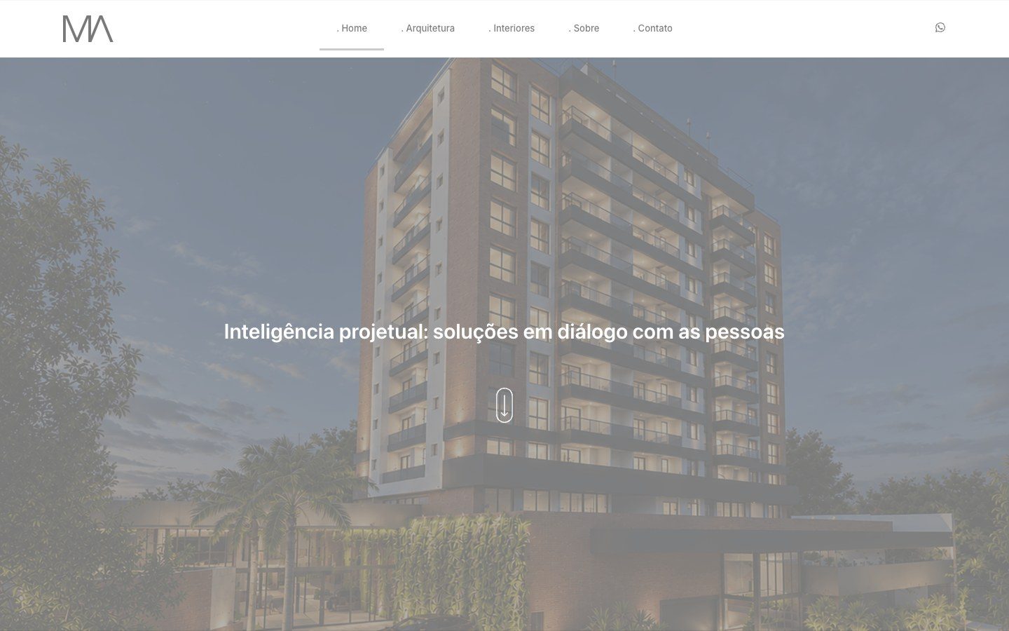 Home da Milani Arquitetura com empreendimento em destaque e navegação do site.
