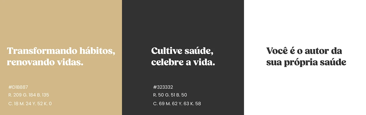Paleta e frases da marca em dourado, cinza e branco.